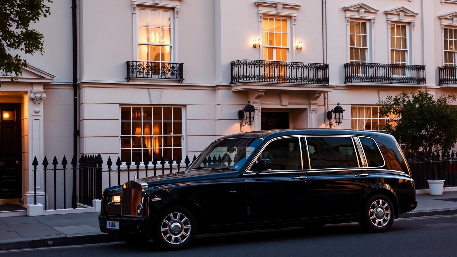 A luxury chauffeured car waiting outside a Mayfair townhouse at golden hour
